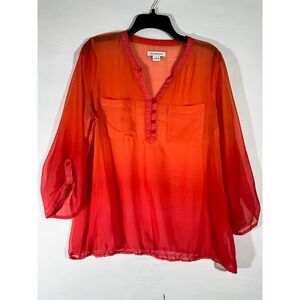 Liz Claiborne Ombre Roll Tab Sleeve Blouse Top Women L Orange Sheer Costal Boho
